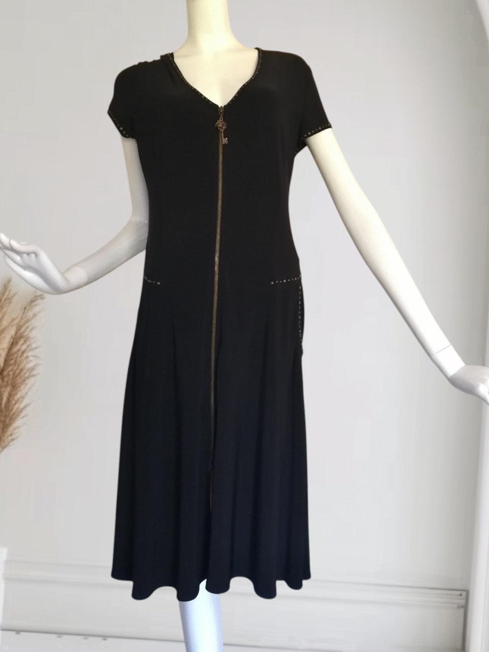 Joseph Ribkoff Black Midi Dress with Gold Zip and Stud Trim